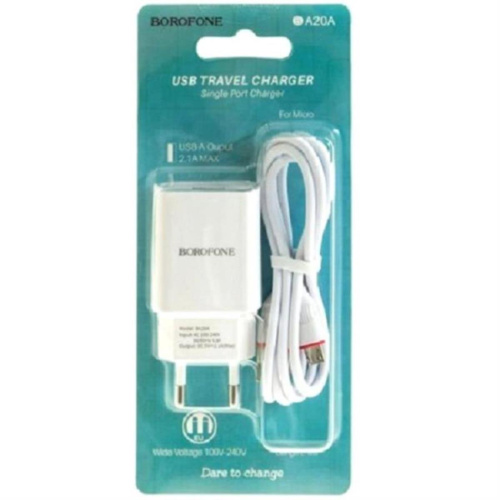 картинка Borofone BA20A сетевое зарядное устройство (с кабелем Type-C) с 1 USB выходом 5В, 2100mAh, белый  от магазина Интерком-НН