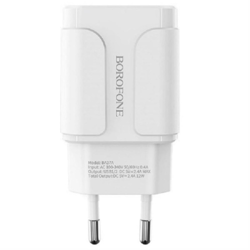 картинка Borofone BA37A сетевое зарядное устройство (с кабелем Type-C) с 2 USB выходами 5В, 2400mAh, белый  от магазина Интерком-НН