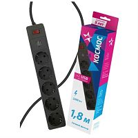 картинка Сетевой фильтр Космос 5 розеток+ 2USB 2.1A, 1.8 м, пвс 3х0,75мм2, чёрный от магазина Интерком-НН