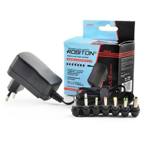 картинка Robiton TN500S Блок питания 500mA 3В, 4,5В, 5В, 6В, 7,5В, 9В, 12В сменные разъемы от магазина Интерком-НН