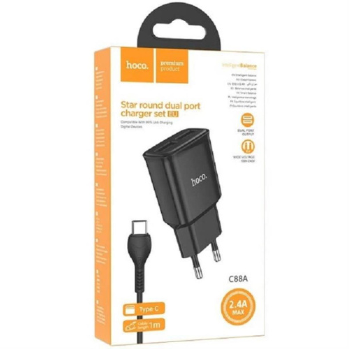 картинка Hoco C88A сетевое зарядное устройство с 2 USB выходами 5В, 2400mAh, черный  от магазина Интерком-НН