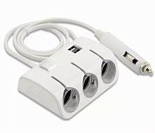 картинка Разветвитель в авто на 3 устройства с 2xUSB со шнуром, белый 1506A от магазина Интерком-НН
