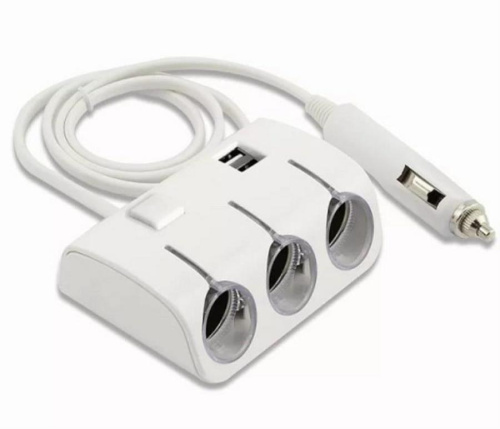 картинка Разветвитель в авто на 3 устройства с 2xUSB со шнуром, белый 1506A от магазина Интерком-НН