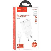 картинка Hoco C88A сетевое зарядное устройство с 2 USB выходами 5В, 2400mAh, белый для iPhone 5/6/6Plus/7 от магазина Интерком-НН