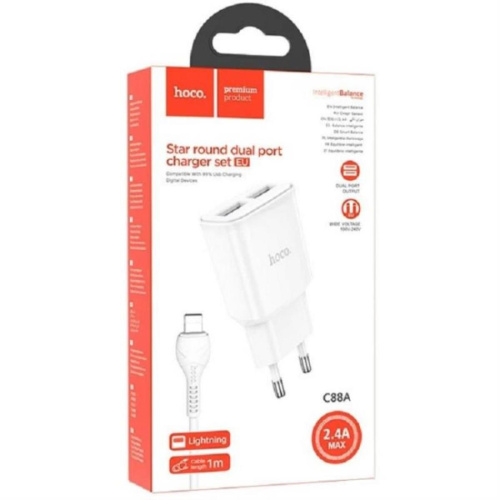 картинка Hoco C88A сетевое зарядное устройство с 2 USB выходами 5В, 2400mAh, белый для iPhone 5/6/6Plus/7 от магазина Интерком-НН